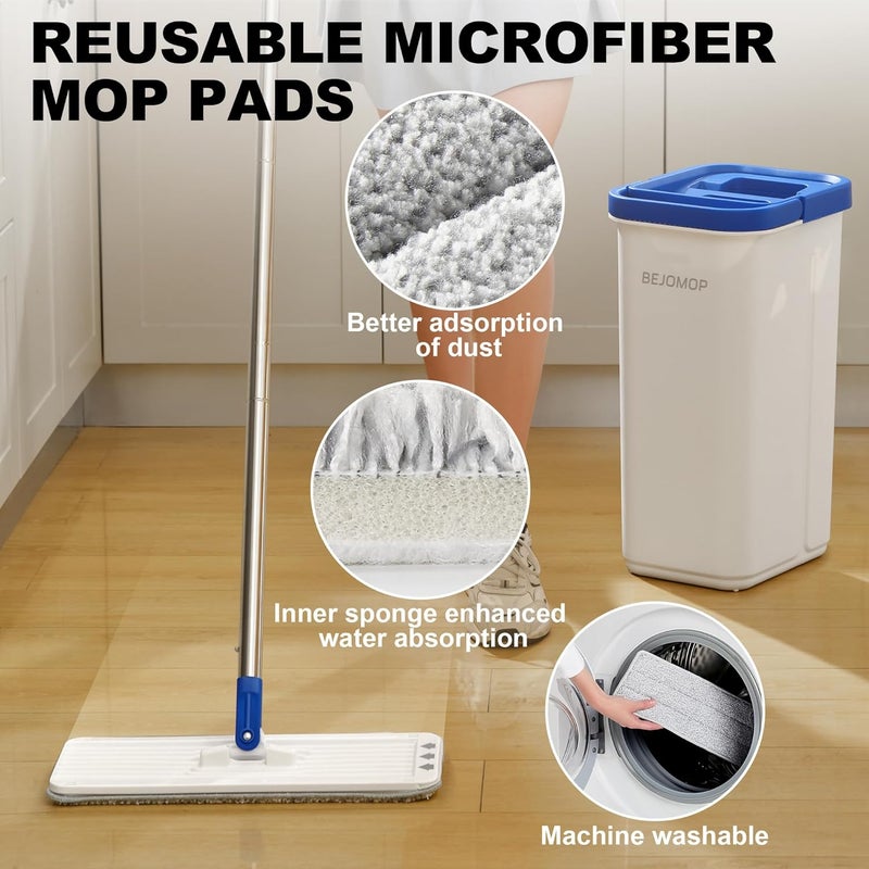 BEJOMOP Mop and Bucket Set with Wringer, Dry & Wet Dust Mop for Household Floor Cleaning with 5 Microfiber Mops, Flat Squeeze Spin Wall Mop Cleaner with Long Handle, Slate Blue - Image 4